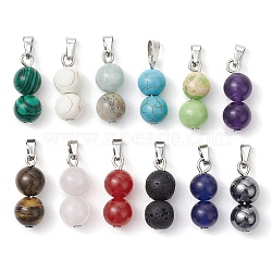 12Pcs 12 Styles Mixed Gemstone Round Beaded Pendants, with 304 Stainless Steel Snap on Bails, Mixed Dyed and Undyed, 20x8mm, Hole: 5mm, 1pc/style(PALLOY-JF02824)