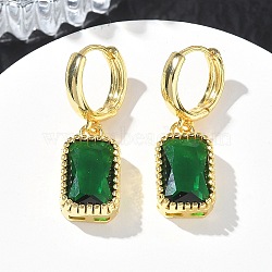 Brass Glass Dangle Hoop Earrings for Women, Rectangle, Long-Lasting Plated, Rack Plating, Lead Free & Cadmium Free, Golden, Dark Green, 32x10mm(KK-CBA760A-04G-04)