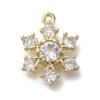 Rack Plating Brass Micro Pave Cubic Zirconia Pendants, Long-Lasting Plated, Snowflake, Real 14K Gold Plated, 15x11.5x4mm, Hole: 1mm