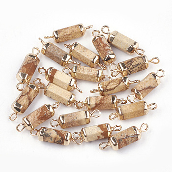 Electroplate Natural Picture Jasper Links, with Iron Findings, Column, Golden, 20~21x5~6x5~6mm, Hole: 1.8mm