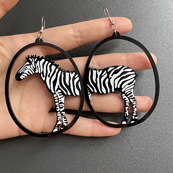Acrylic Dangle Earrings, Platinum, Zebra, 82x55mm