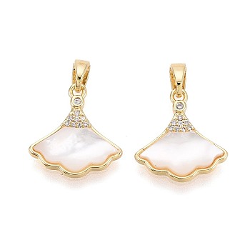 Natural White Shell Pendants, Brass Micro Pave Clear Cubic Zirconia Leaf Charms, Real 18K Gold Plated, 16x15x3mm, Hole: 4.5x3mm