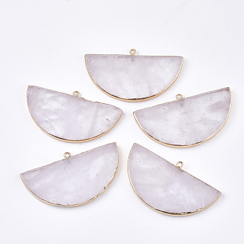 Electroplate Natural Quartz Crystal Semi Circle Pendants, with Iron Findings, Half Round, Golden, 34~35x60.5x4~5.5mm, Hole: 1.8mm