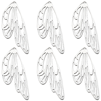 10Pcs 201 Stainless Steel Pendants, Laser Cut, Wing, Stainless Steel Color, 49x20.5x1mm, Hole: 1.5mm