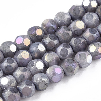 Opaque Frosted Glass Beads Strands, AB Color Plated, Faceted, Round, Lavender, 6.5x6mm, Hole: 1.5mm, about 70pcs/strand, 16.38 inch(41.6cm)