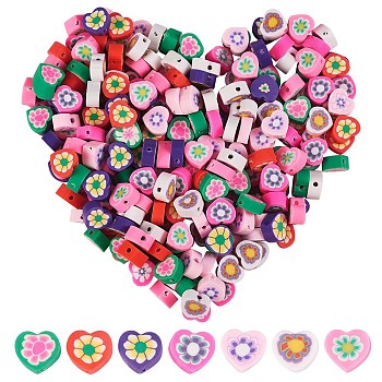 315Pcs 7 Colors Handmade Polymer Clay Beads, Heart with Flower Pattern, Mixed Color, 9x9~10x4~5mm, Hole: 1.5mm, 45pcs/color