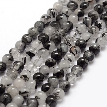Natural Black Rutilated Quartz Bead Strands, Round, 6~6.5mm, Hole: 1mm, about 65pcs/strand, 15.7 inch