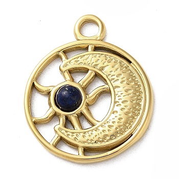 Vacuum Plating 316 Stainless Steel Pendants, with Natural Lapis Lazuli, Flat Round, Real 18K Gold Plated, 24.5x20x3.5mm, Hole: 2.7mm