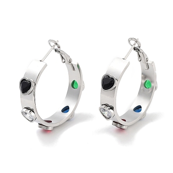 304 Stainless Steel Glass Hoop Earrings for Women, Heart Pattern, Stainless Steel Color, 6x32mm