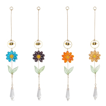 4Pcs 4 Colors Alloy Enamel Bee & Glass Flower Crystal Suncatcher, Natural & Dyed Malaysia Jade and Prism Faceted Cone Hanging Ornament for Window & Garden Decor, Mixed Color, 275x35mm, 1pc/color