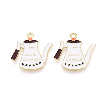 Alloy Enamel Pendants, Coffeemaker Charms, Golden, White, 24x24.5x1.5mm, Hole: 1.7mm