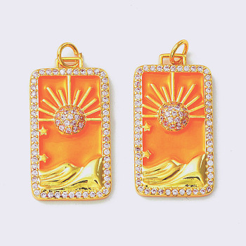 Rack Plating Brass Micro Pave Clear Cubic Zirconia Pendants, with Enamel, Cadmium Free & Nickel Free & Lead Free, Real 18K Gold Plated, Rectangle with Sun, Dark Orange, 27x14x3.5mm, Hole: 3.4mm