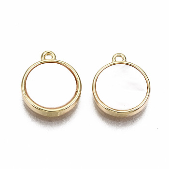 Natural Freshwater Shell Charms, with Brass Findings, Nickel Free, Real 18K Gold Plated, Flat Round, Creamy White, 11x9x1.5mm, Hole: 1mm