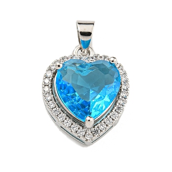 Rack Plating Brass Pendant, with Glass, Heart, Deep Sky Blue, 16.5x13.5x7mm, Hole: 4x3.5mm