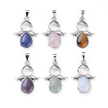 Natural & Synthetic Mixed Gemstone Pendants, with Platinum Plated Brass Findings, Angel, 34x25.5x4.5~6.5mm, Hole: 4~5x7mm, 6 materials, 1pc/material, 6pcs/set