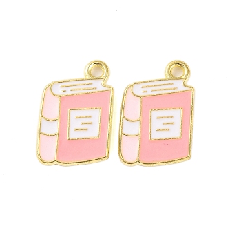 Golden Plated Alloy Enamel Pendants, Cadmium Free & Lead Free, Book Charm, Pink, 17x11x1mm, Hole: 1.6mm