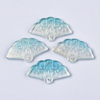 Transparent Spray Painted Glass Pendants, with Single Face Glitter Powder, Fan, Pale Turquoise, 20x34.5x3.5mm, Hole: 1.2mm