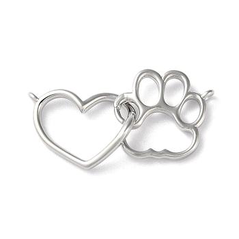 Rack Plating Brass Pendants, Cadmium Free & Lead Free, Long-Lasting Plated, Heart & Paw Print Charm, Platinum, 15x30x1.5mm, Hole: 1.2mm