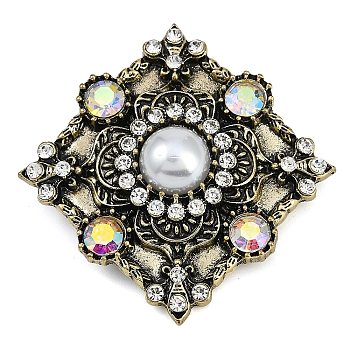 Zinc Alloy Crystal AB & Crystal Rhinestone Brooch, with Plastic Pearl, for Clothes, Antique Golden, Rhombus, 54x54mm