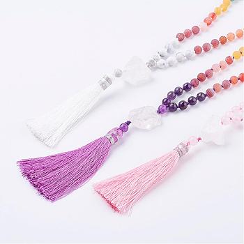 Frosted Natural Weathered Agate and Gemstone Necklace, with Nylon Tassel Pendants, 34.6 inch(88cm)