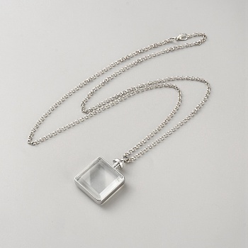 Alloy Locket Pendant Necklaces, with Clear Glass Cabochons, Platinum, Square, 31.50 inch(80cm)