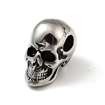 304 Stainless Steel European Beads, Large Hole Beads, Skull, Antique Silver, 24x15x19mm, Hole: 6mm