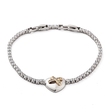 Platinum Brass Link Bracelet, with Cubic Zirconia Tennis Chains, Long-Lasting Plated, Heart, 7-7/8 inch(19.9cm)