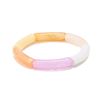 Acrylic Curved Tube Beaded Stretch Bracelet, Chunky Bracelet for Women, Pink, Inner Diameter: 2-1/8 inch(5.3cm)
