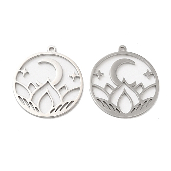 304 Stainless Steel Pendants, Flat Round with Flower & Moon Charm, Stainless Steel Color, 27x25x1.5mm, Hole: 1.6mm