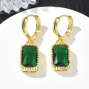 Brass Glass Dangle Hoop Earrings for Women, Rectangle, Long-Lasting Plated, Rack Plating, Lead Free & Cadmium Free, Golden, Dark Green, 32x10mm