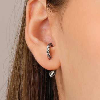 Alloy Front Back Stud Earrings, Snake Shape, Antique Silver, 27.5~34x5mm