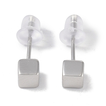 Rhodium Plated Cube 999 Sterling Silver Stud Earrings for Women, with 999 Stamp, Platinum, 4x4mm