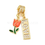 Brass Micro Pave Cubic Zirconia Pendants, with Enamel, Tulip with Word Love Charms, Rack Plating, Long-Lasting Plated, Cadmium Free & Lead Free, Colorful, Real 18K Gold Plated, 36mm, Hole: 3mm(CU-CBAD306-13G)