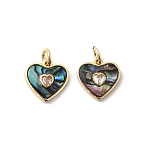 Brass Micro Pave Cubic Zirconia Pendants, Heart Charms, with Paua Shell & Epoxy, Rack Plating, Long-Lasting Plated, Lead Free & Cadmium Free, with Jump Ring, Real 18K Gold Plated, 12x12.5x2mm, Hole: 3mm(KK-K384-23C-G)