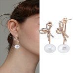 1Pair Alloy Micro Pave Clear Cubic Zirconia Stud Earrings, with ABS Imitation Pearl Beads, Bowknot, Golden, 40mm(EJEW-LP0004-65)