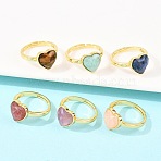 Natural Gemstone Finger Rings with Brass Findings, Heart, Faceted, Rack Plating, Golden, 17mm(G-H353-03G)
