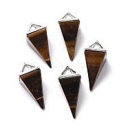 Natural Tiger Eye Pendants, with Platinum Tone Alloy Findings, Pyramid, 29~38x15~15.5x15~15.5mm, Hole: 6x5mm(G-E577-01P-01)
