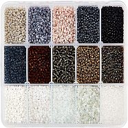12/0 Glass Seed Beads, Round, Black, 2mm, Hole: 1mm, 15 colors, about 1334pcs/color, 20010pcs/box(SEED-NB0001-12A-2mm)