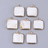 Edge Plated Freshwater Shell Pendants, for DIY Jewelry Making, with Golden Tone Brass Loops and Half Hole, Square, Seashell Color, 18x14~15x3mm, Hole: 0.9~1.8mm(SHEL-S276-38)