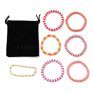 7Pcs 7 Style Polymer Clay Heishi Surfer Stretch Bracelets Set, Glass Seed Bracelets, Preppy Jewelry for Women, Cerise, Inner Diameter: 2-1/8 inch(5.5cm), 1Pc/style(BJEW-SW00088-05)