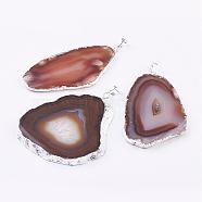 Natural Agate Big Pendants, with Brass Findings, Nuggets, Silver Color Plated, Sienna, 59~91x32~65x3~6mm, Hole: 5x7mm(G-P305-E03-S)