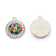 Zinc Alloy Enamel Pendants, with Rhinestones, for Jewelry  Making, Flat Round with Puzzle Pattern, Colorful, Platinum, 22.5x19x5mm, Hole: 1.8mm(PALLOY-TAC0022-03)