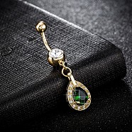 Piercing Jewelry, Brass Cubic Zirconia Navel Ring, Belly Rings, with 304 Stainless Steel Bar, Cadmium Free & Lead Free, teardrop, Real 18K Gold Plated, Dark Green, 47x10mm, Bar: 15 Gauge(1.5mm), Bar Length: 3/8"(10mm)(AJEW-EE0003-06E)