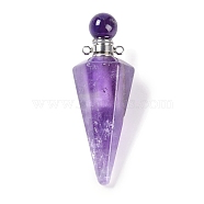 Natural Amethyst Faceted Cone Openable Perfume Bottle Big Pendants, with 304 Stainless Steel Findings, Stainless Steel Color, 49.5~51.5x18.5x18.5mm, Hole: 1.8mm(G-L524-18P-10)