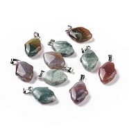 Natural Indian Agate Pendants, Hamsa Hand Charms, with Platinum Plated Alloy Snap on Bails, 24~24.5x15x7mm, Hole: 5.5x3mm(G-B041-03P-01)
