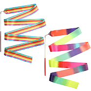 2Pcs 2 Style Polycotton Dance Ribbons with Wand, Rainbow Rhythmic Gymnastic Ribbon Streamer for Kids, Mixed Color, 2270~2428mm, 1pc/style(AJEW-CN0001-71)