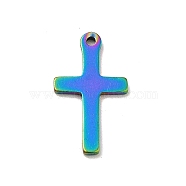 Ion Plating(IP) 201 Stainless Steel Pendants, Cross Charms, Rainbow Color, 15.5x9x1mm, Hole: 1mm(STAS-E176-02M)