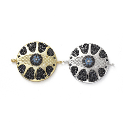 Brass Micro Pave Cubic Zirconia Links, Flat Round with Evil Eye, Black, Mixed Color, 18x22.5x4.5mm, Hole: 1mm(KK-I658-68)