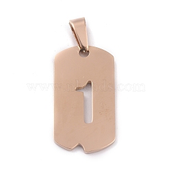 Ion Plating(IP) 304 Stainless Steel Pendants, Manual Polishing, Rectangle with Number, Rose Gold, Num.1, 27.5x14.5x1.5mm, Hole: 3.5mm(STAS-O127-C01)