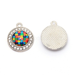 Zinc Alloy Enamel Pendants, with Rhinestones, for Jewelry  Making, Flat Round with Puzzle Pattern, Colorful, Platinum, 22.5x19x5mm, Hole: 1.8mm(PALLOY-TAC0022-03)